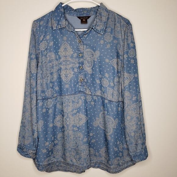 Multiples Tops - Multiples Half Button Up Long Sleeve Collared Blouse Large Petite